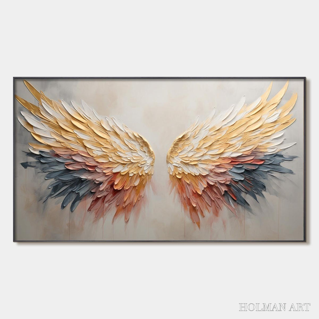 HOLMAN ART Golden Wings – Panoramic Angel Wings Painting, Textured , Gold, Beige, Living Room, Bedroom - image 1