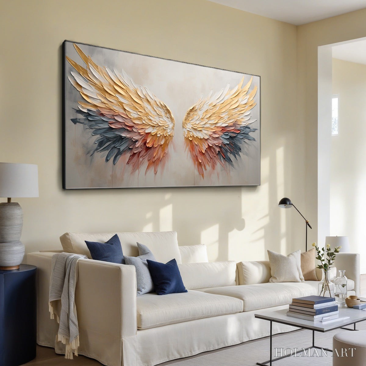 HOLMAN ART Golden Wings – Panoramic Angel Wings Painting, Textured , Gold, Beige, Living Room, Bedroom - image 4