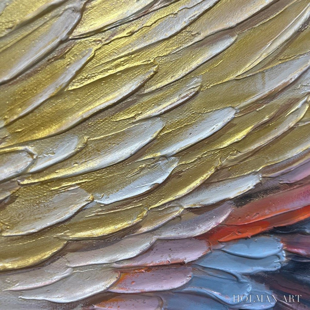 HOLMAN ART Golden Wings – Panoramic Angel Wings Painting, Textured , Gold, Beige, Living Room, Bedroom - image 5