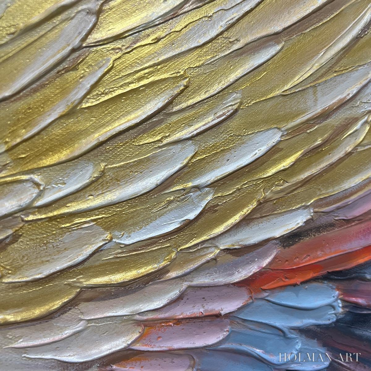 HOLMAN ART Golden Wings – Panoramic Angel Wings Painting, Textured , Gold, Beige, Living Room, Bedroom - image 5