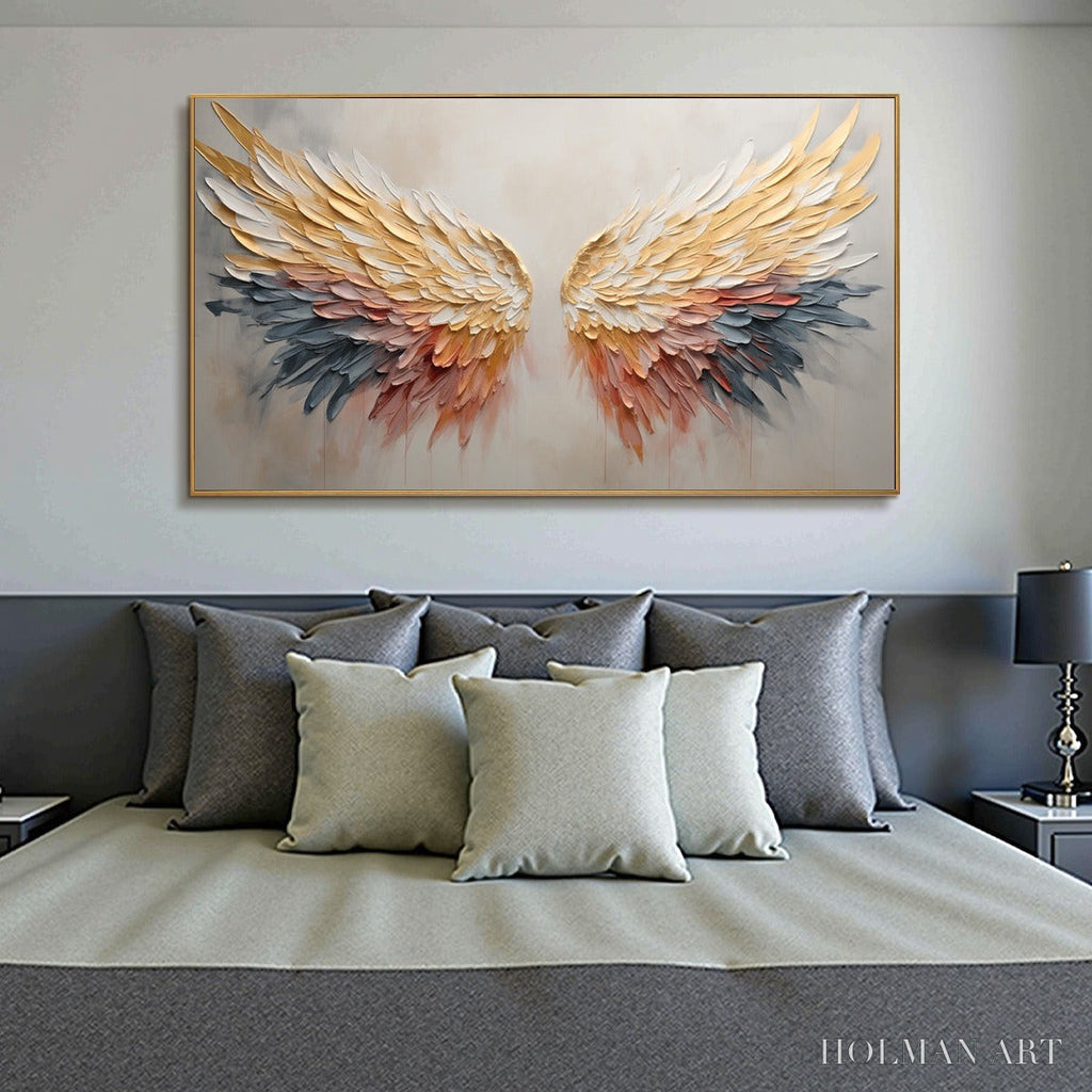 HOLMAN ART Golden Wings – Panoramic Angel Wings Painting, Textured , Gold, Beige, Living Room, Bedroom - image 6