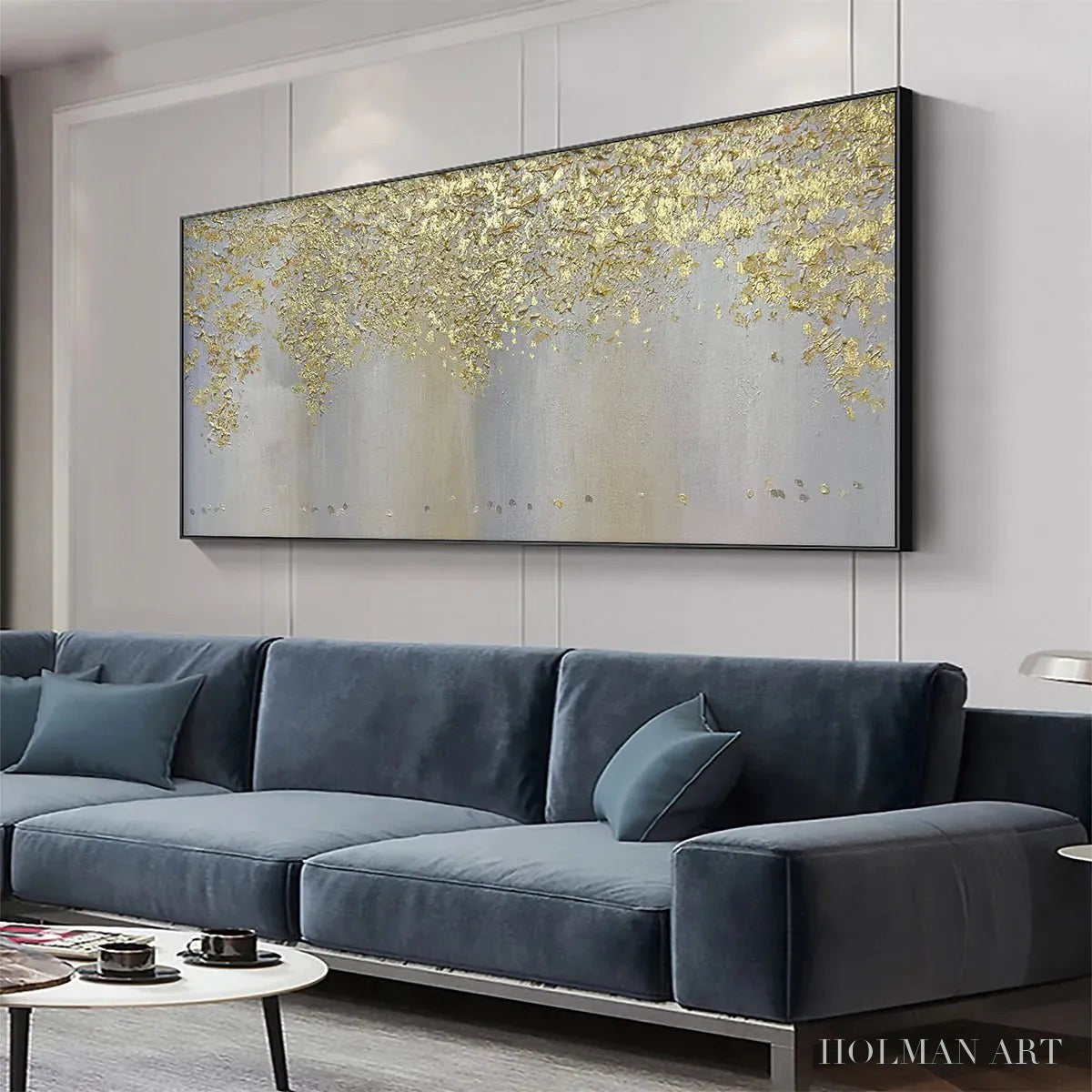 HOLMAN ART Golden Drizzle – Gold Leaf Abstract Painting, Grey and Gold , Horizontal Canvas, Modern Decor - image 4