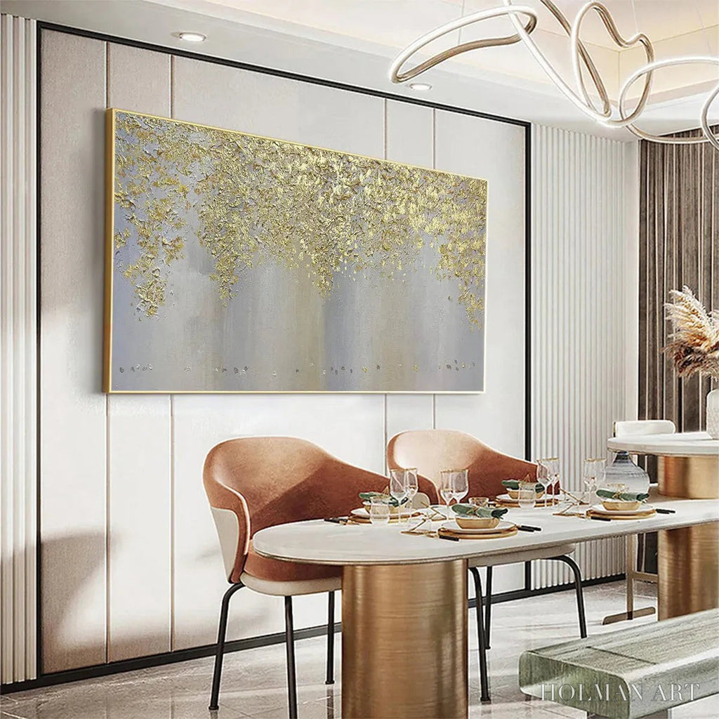 HOLMAN ART Golden Drizzle – Gold Leaf Abstract Painting, Grey and Gold , Horizontal Canvas, Modern Decor - image 6