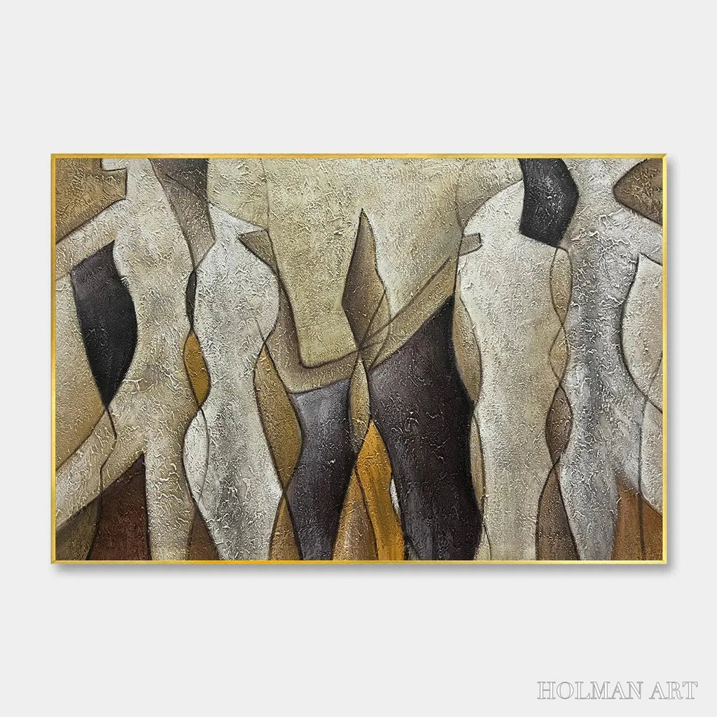 HOLMAN ART Abstract Figures – Textured Abstract Figures Painting, Beige and Brown , Horizontal Canvas, Modern Decor - image 1