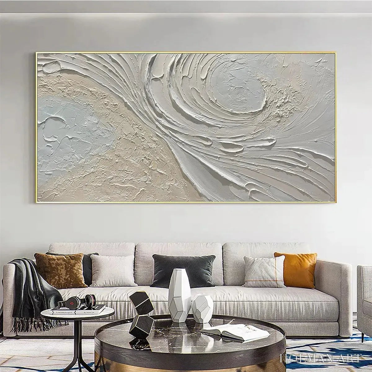 HOLMAN ART Whispers of the Wind – Panoramic Textured Abstract Painting in Neutral Tones, Modern , Beige and Grey - image 4