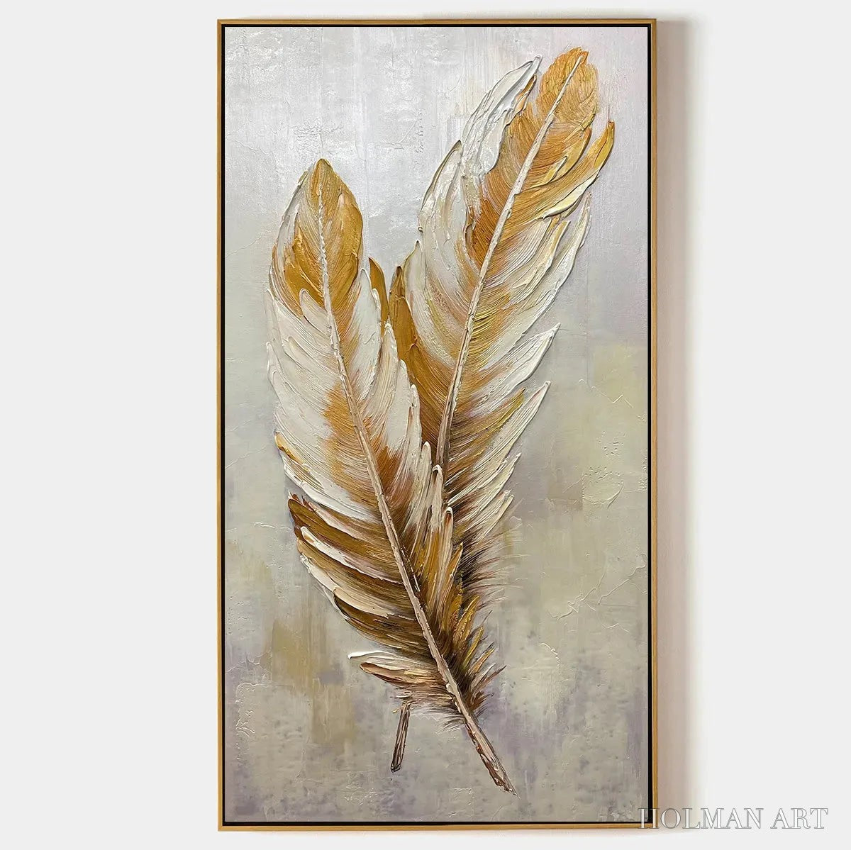HOLMAN ART Golden Grace – Vertical Painting of Golden Feathers, Textured Impasto, Modern - image 1