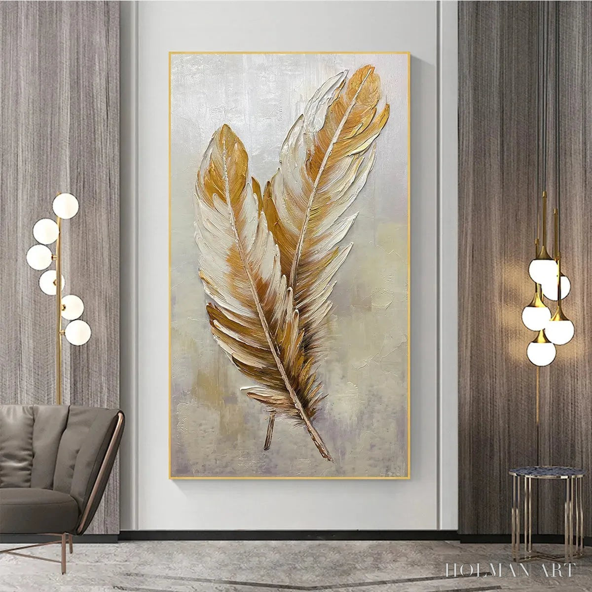 HOLMAN ART Golden Grace – Vertical Painting of Golden Feathers, Textured Impasto, Modern - image 2