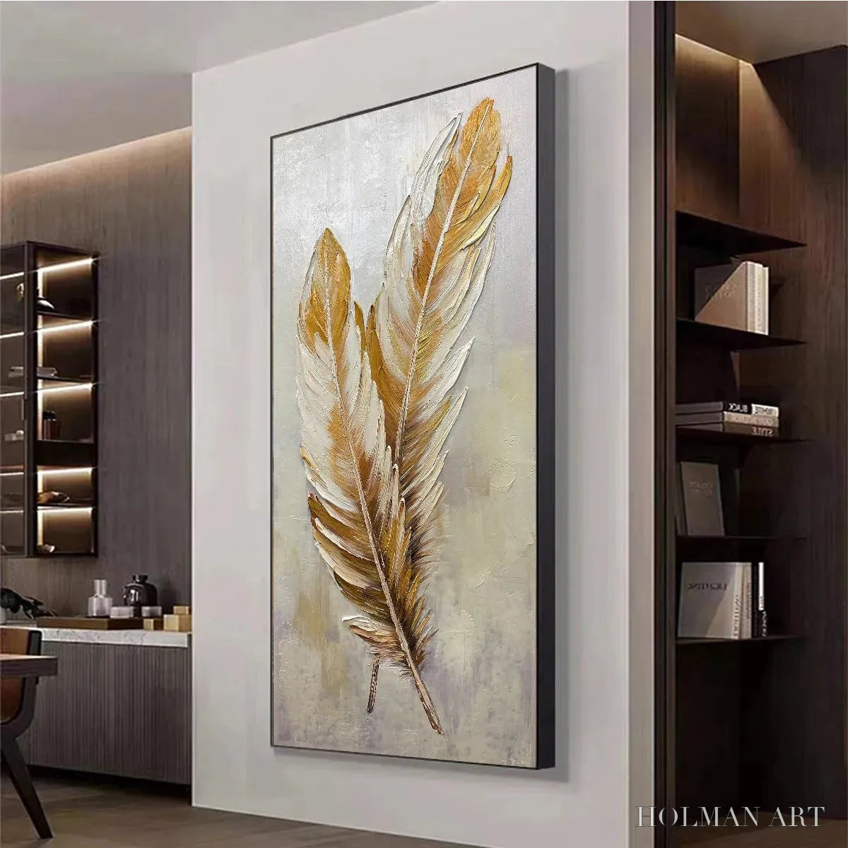 HOLMAN ART Golden Grace – Vertical Painting of Golden Feathers, Textured Impasto, Modern - image 4