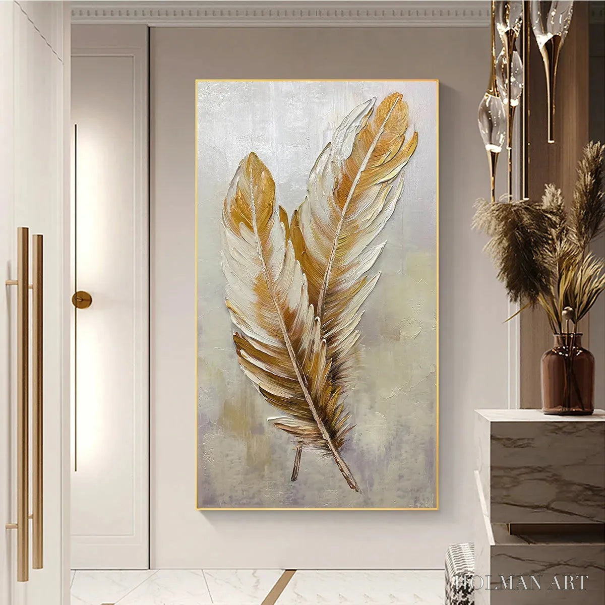 HOLMAN ART Golden Grace – Vertical Painting of Golden Feathers, Textured Impasto, Modern - image 5