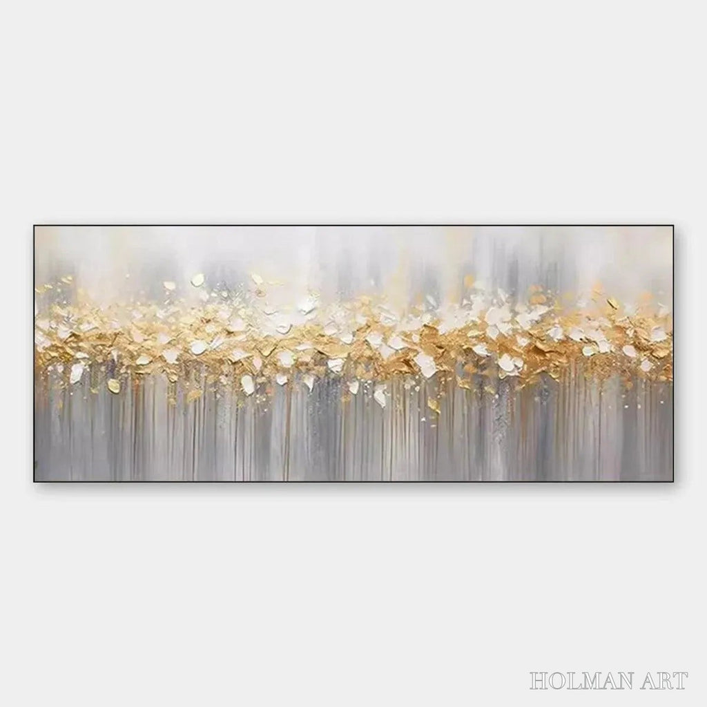 HOLMAN ART Golden Drizzle – Textured Abstract Painting, Gold and Grey , Panoramic Canvas, Modern Decor - image 1