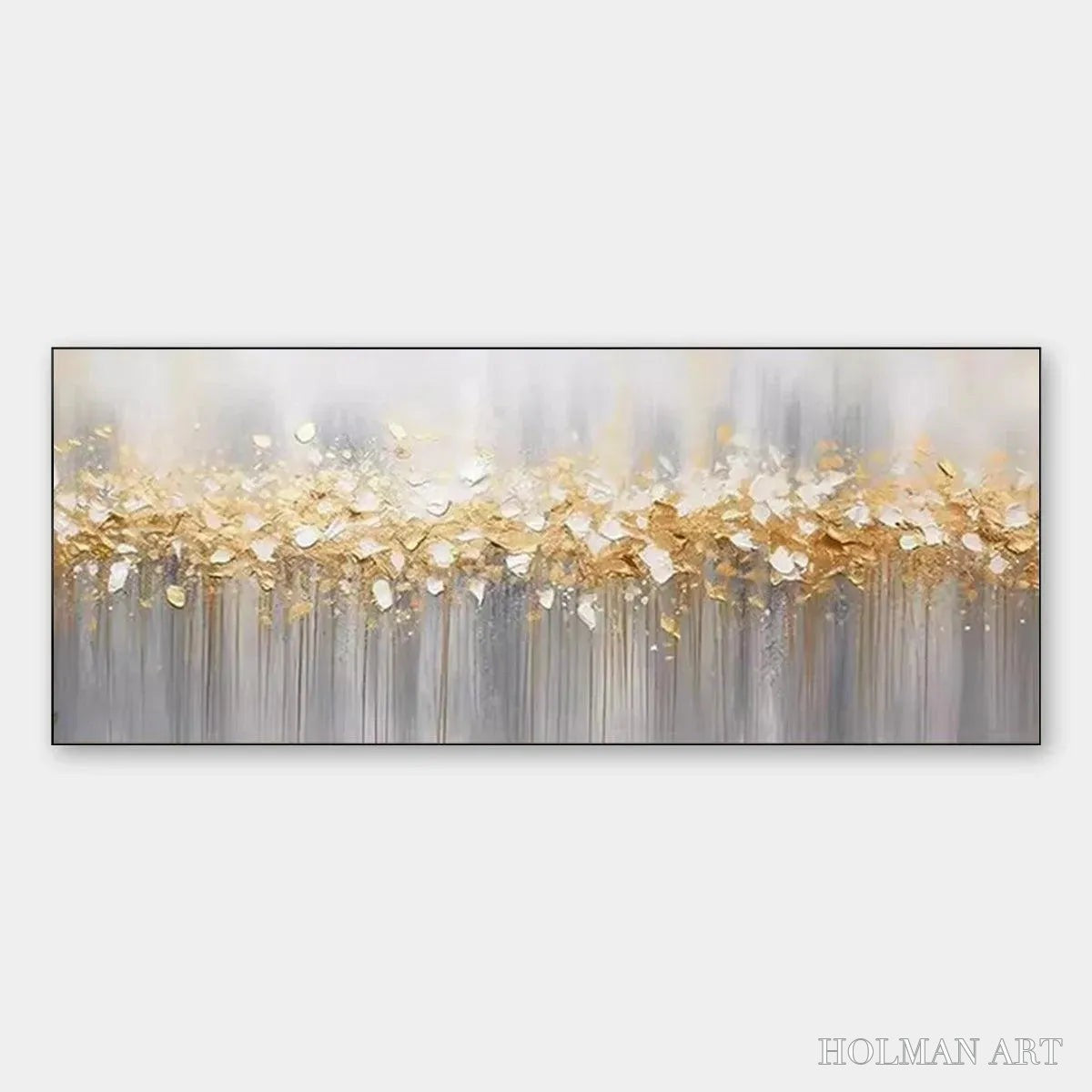 HOLMAN ART Golden Drizzle – Textured Abstract Painting, Gold and Grey , Panoramic Canvas, Modern Decor - image 1