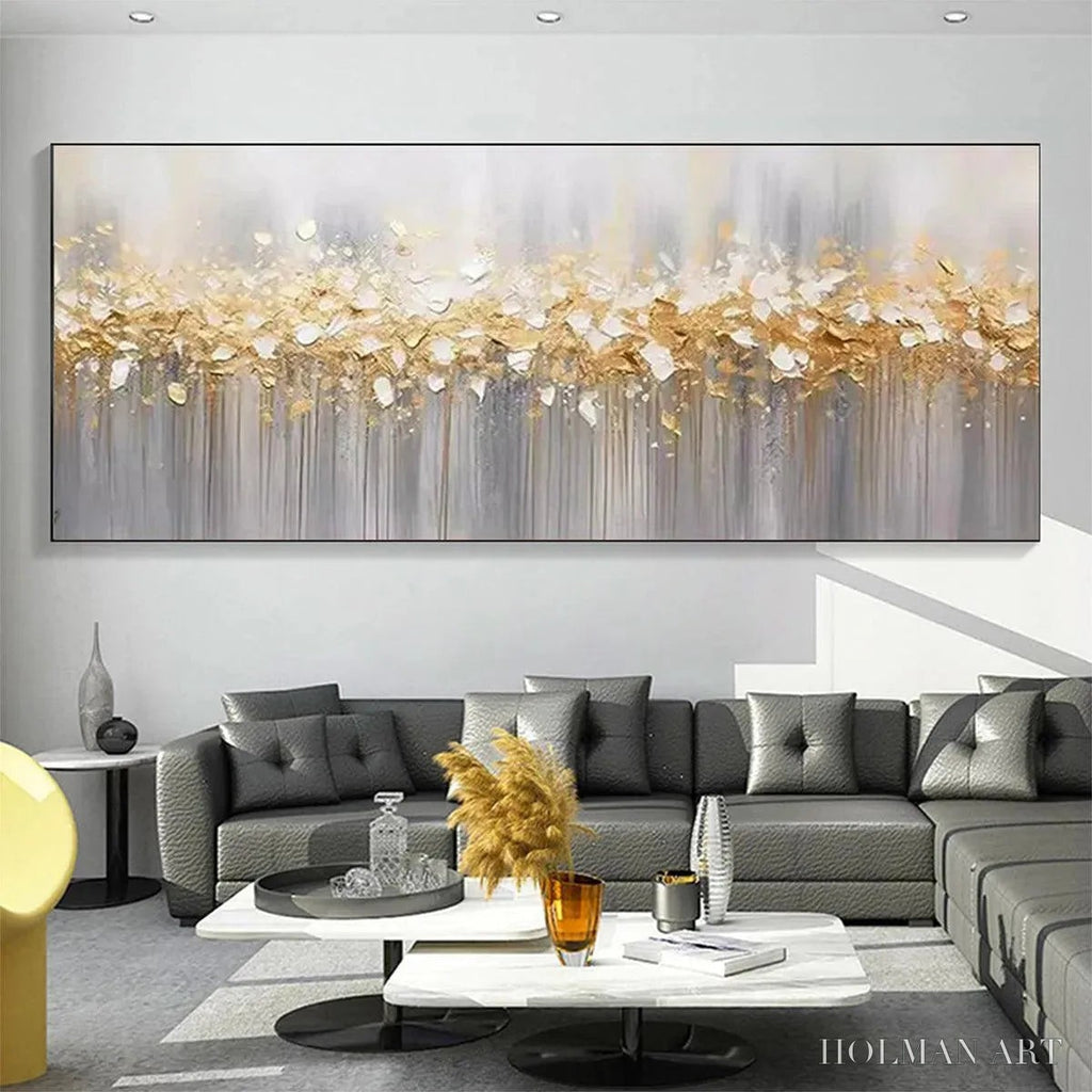 HOLMAN ART Golden Drizzle – Textured Abstract Painting, Gold and Grey , Panoramic Canvas, Modern Decor - image 3