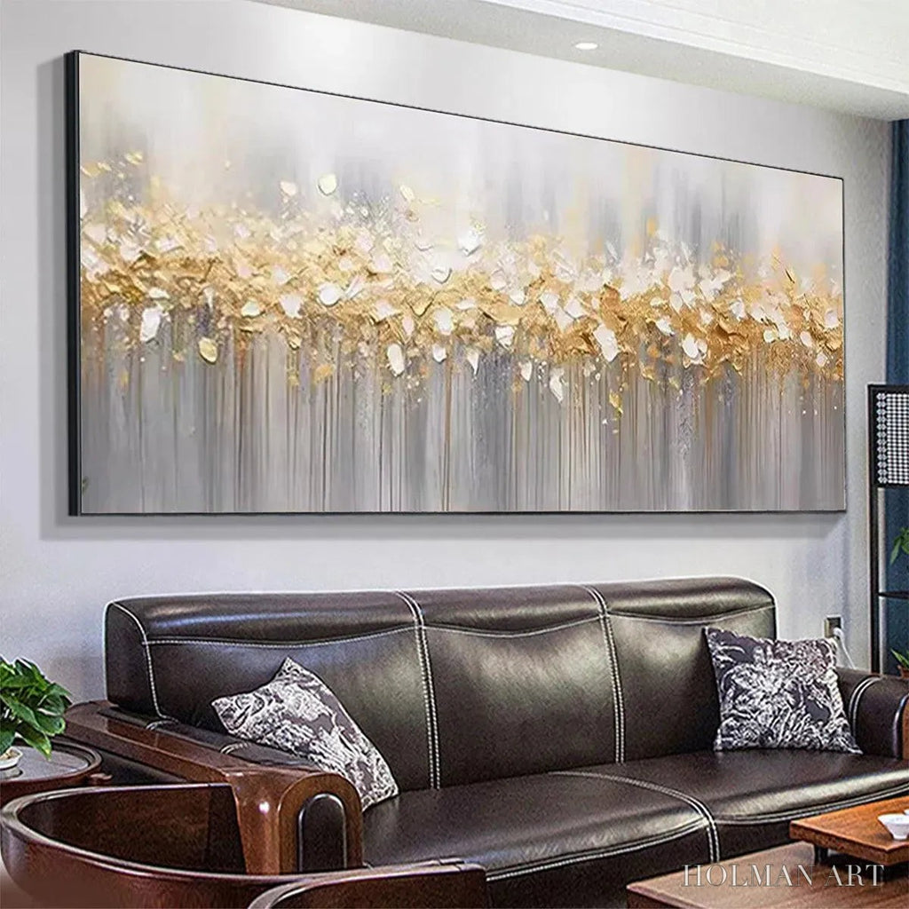HOLMAN ART Golden Drizzle – Textured Abstract Painting, Gold and Grey , Panoramic Canvas, Modern Decor - image 4