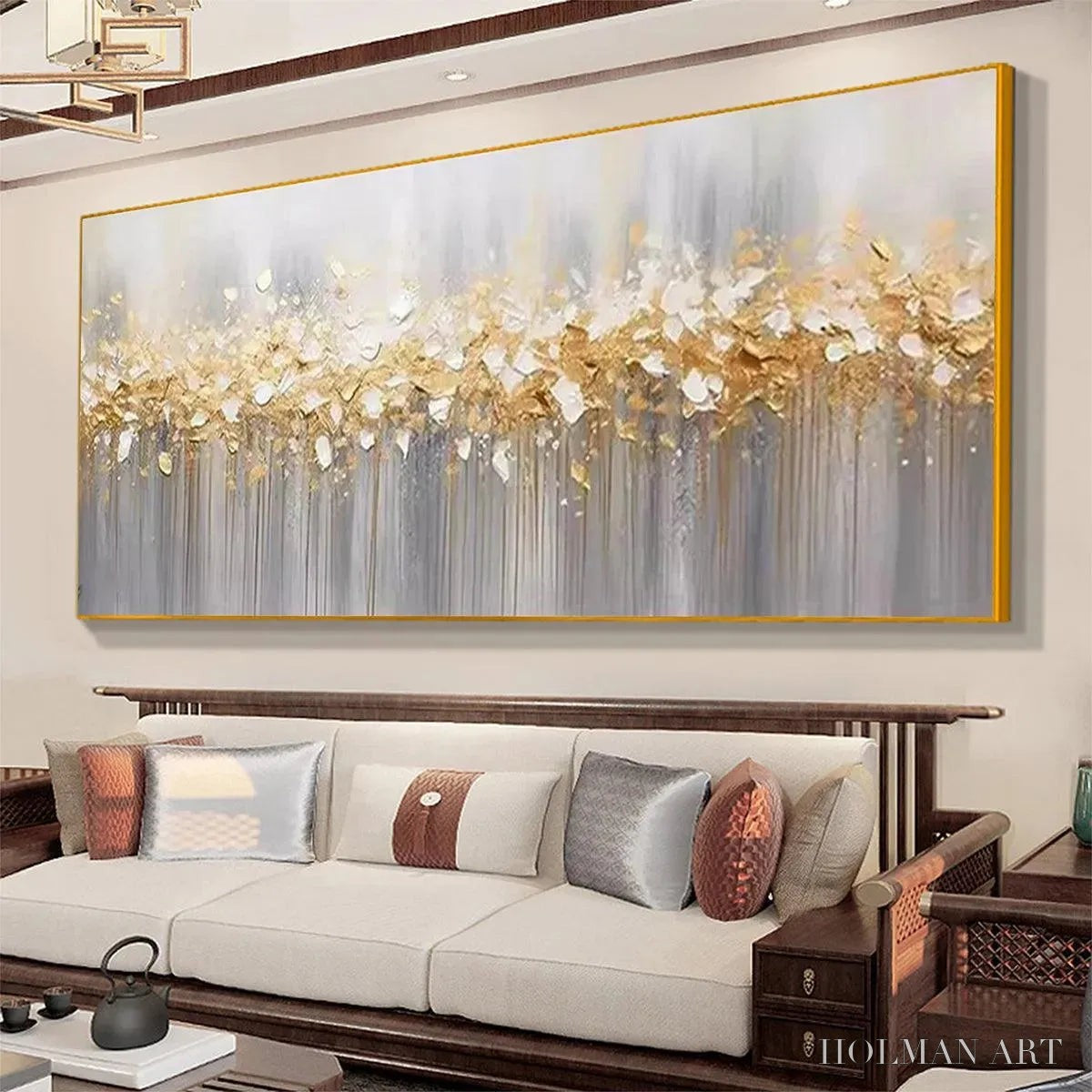 HOLMAN ART Golden Drizzle – Textured Abstract Painting, Gold and Grey , Panoramic Canvas, Modern Decor - image 5