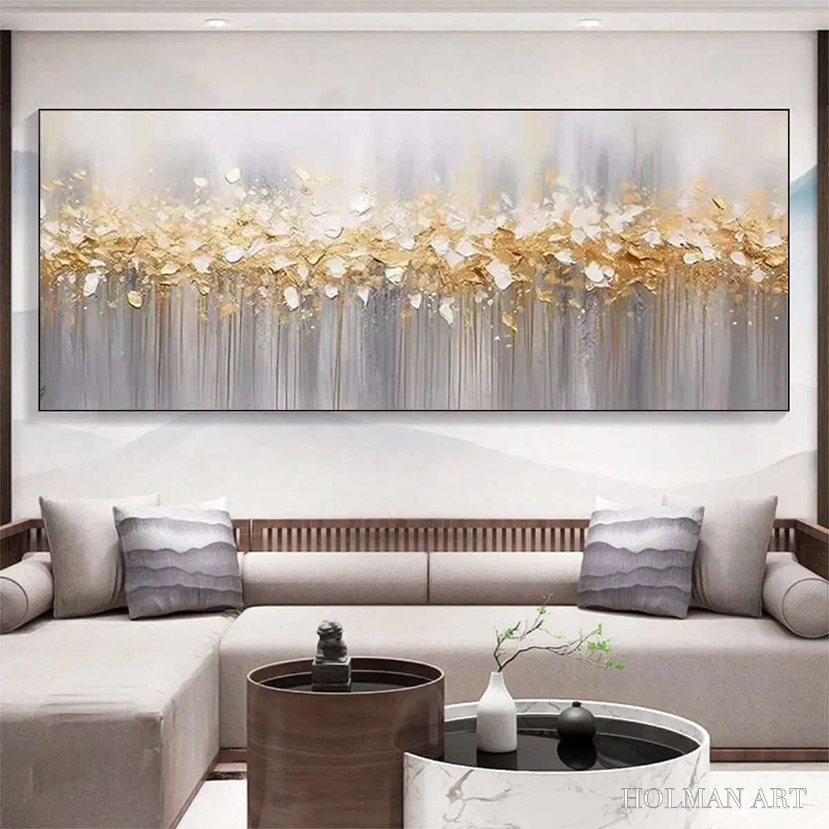 HOLMAN ART Golden Drizzle – Textured Abstract Painting, Gold and Grey , Panoramic Canvas, Modern Decor - image 6