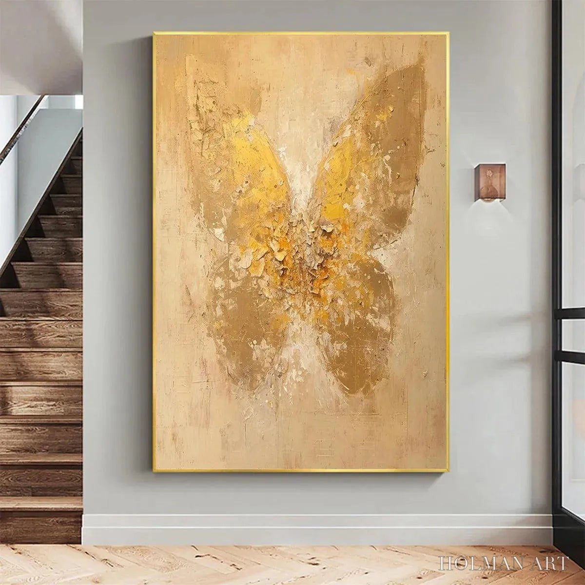 HOLMAN ART Golden Wings – Gold Butterfly Painting, Textured , Vertical Canvas, Beige and Gold Decor - image 2