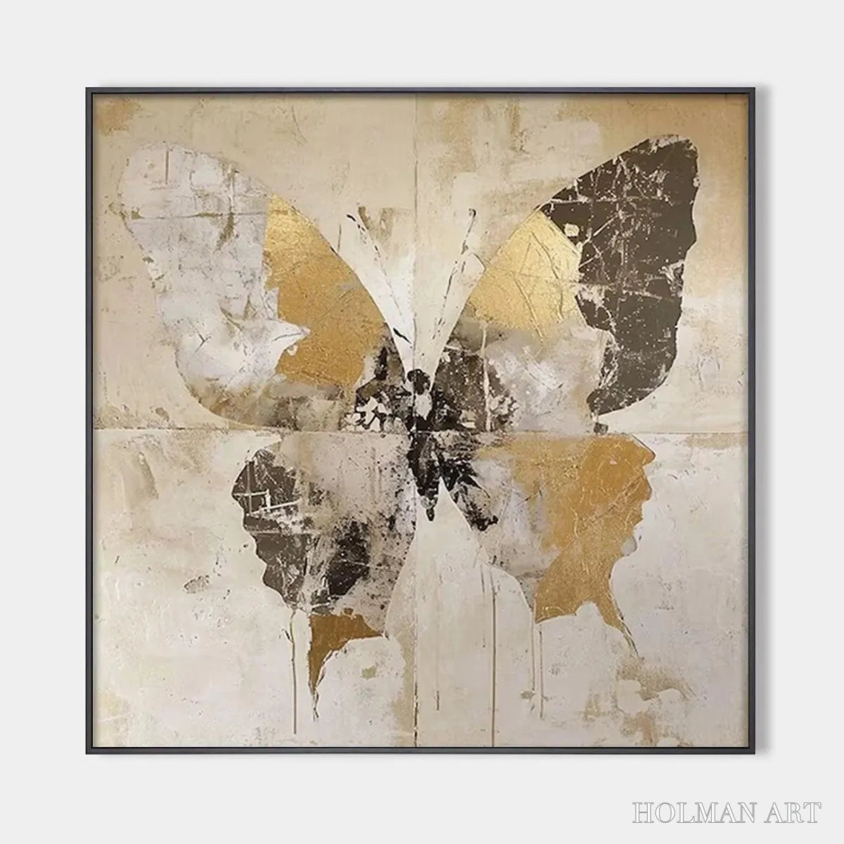 HOLMAN ART Golden Monarch – Gold Butterfly Painting, Square Canvas Art, Textured , Beige and Gold Decor - image 1