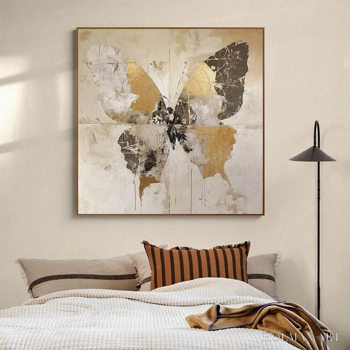 HOLMAN ART Golden Monarch – Gold Butterfly Painting, Square Canvas Art, Textured , Beige and Gold Decor - image 4