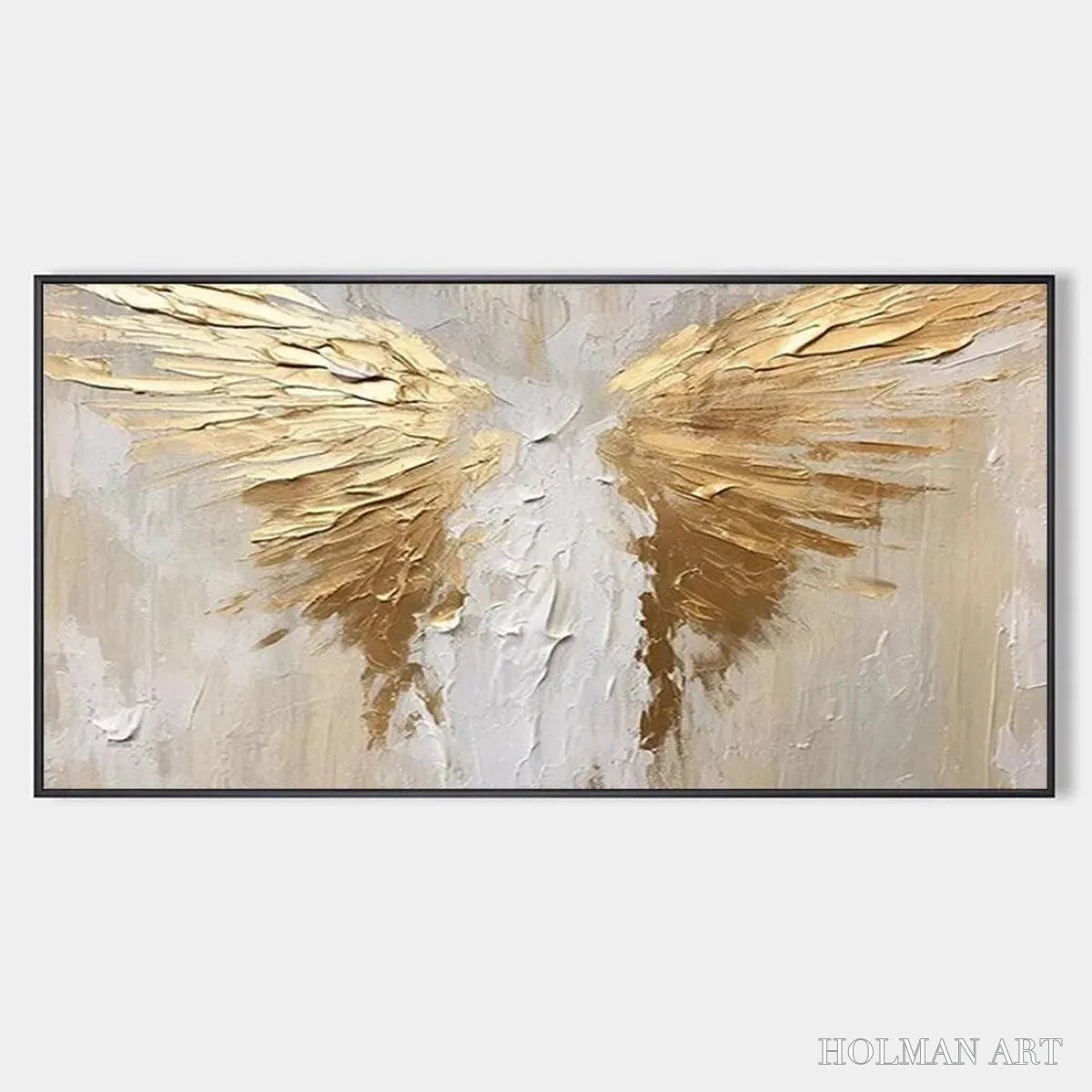 HOLMAN ART Golden Wings – Textured Abstract Painting, Gold and Beige , Panoramic Canvas, Modern Decor - image 1
