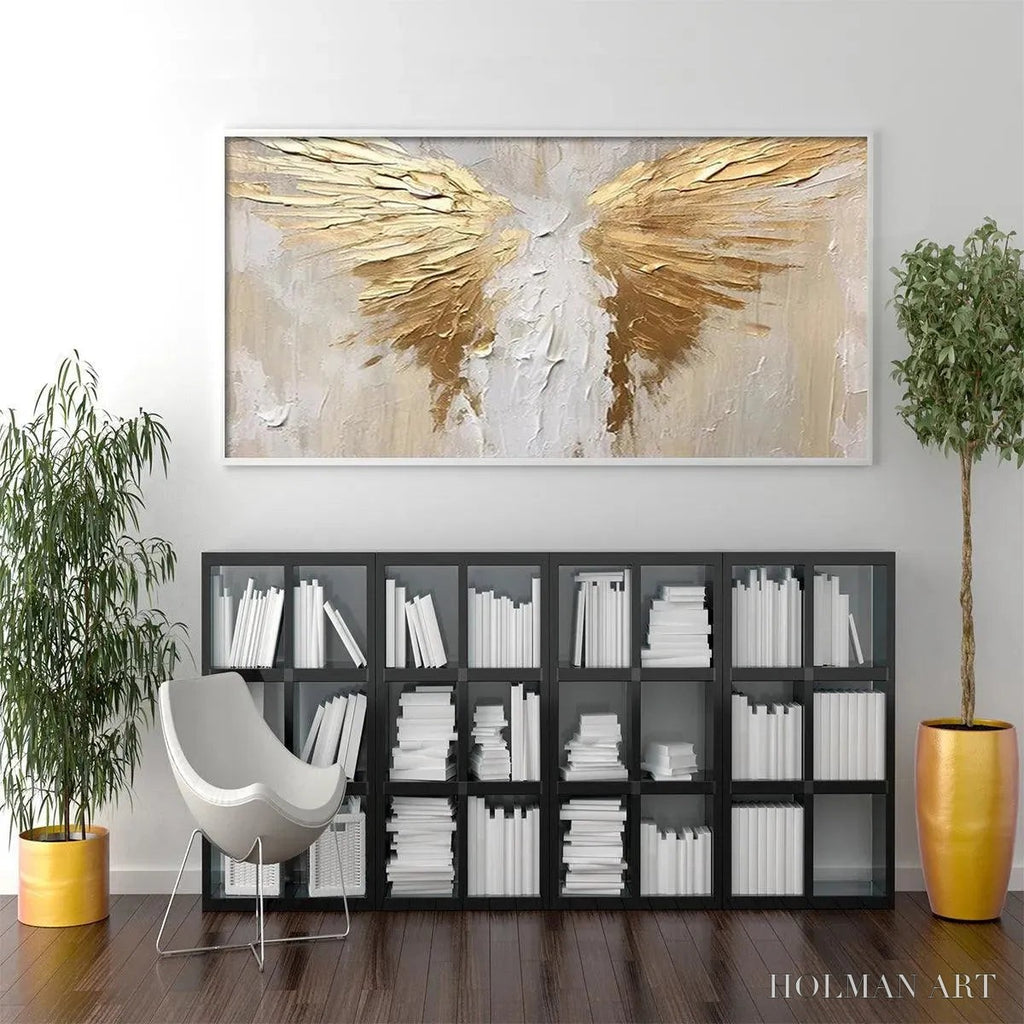 HOLMAN ART Golden Wings – Textured Abstract Painting, Gold and Beige , Panoramic Canvas, Modern Decor - image 6
