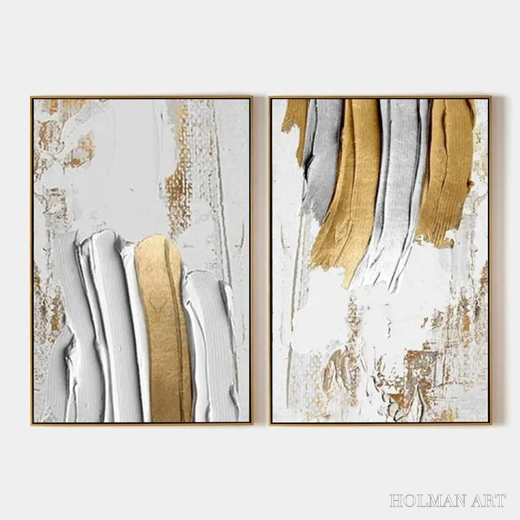 HOLMAN ART Golden Lines Diptych – Textured Abstract Painting Set of 2, Vertical - image 1
