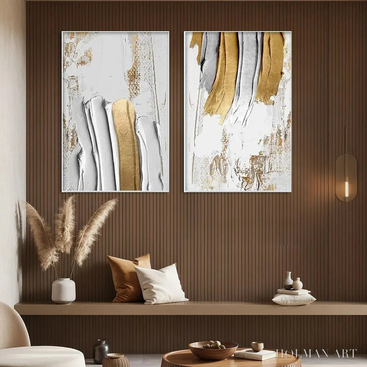 HOLMAN ART Golden Lines Diptych – Textured Abstract Painting Set of 2, Vertical - image 4