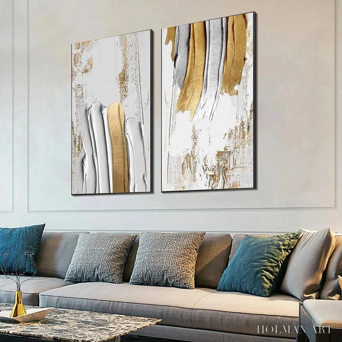 HOLMAN ART Golden Lines Diptych – Textured Abstract Painting Set of 2, Vertical - image 6