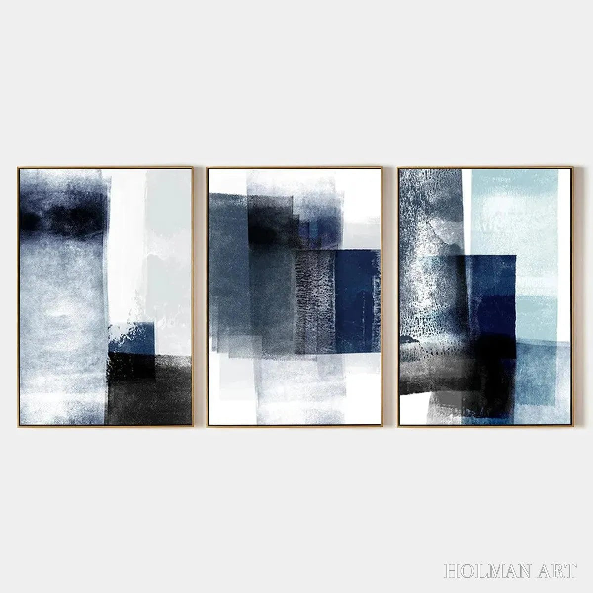 HOLMAN ART Blue Abstract Triptych – Abstract Painting Set of 3, Vertical - image 1