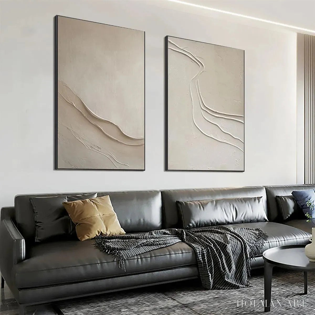 HOLMAN ART Beige Textured Abstract Diptych – Textured Abstract Painting Set of 2, Square - image 5