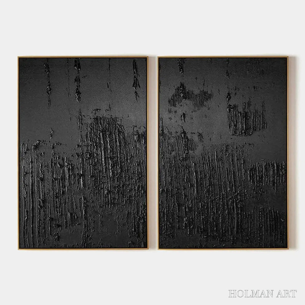 HOLMAN ART Black Textured Diptych – Textured Abstract Painting Set of 2, Vertical - image 1