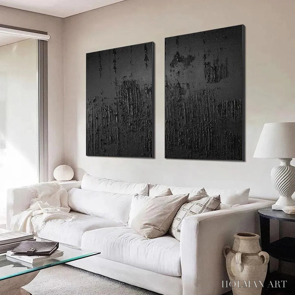HOLMAN ART Black Textured Diptych – Textured Abstract Painting Set of 2, Vertical - image 5