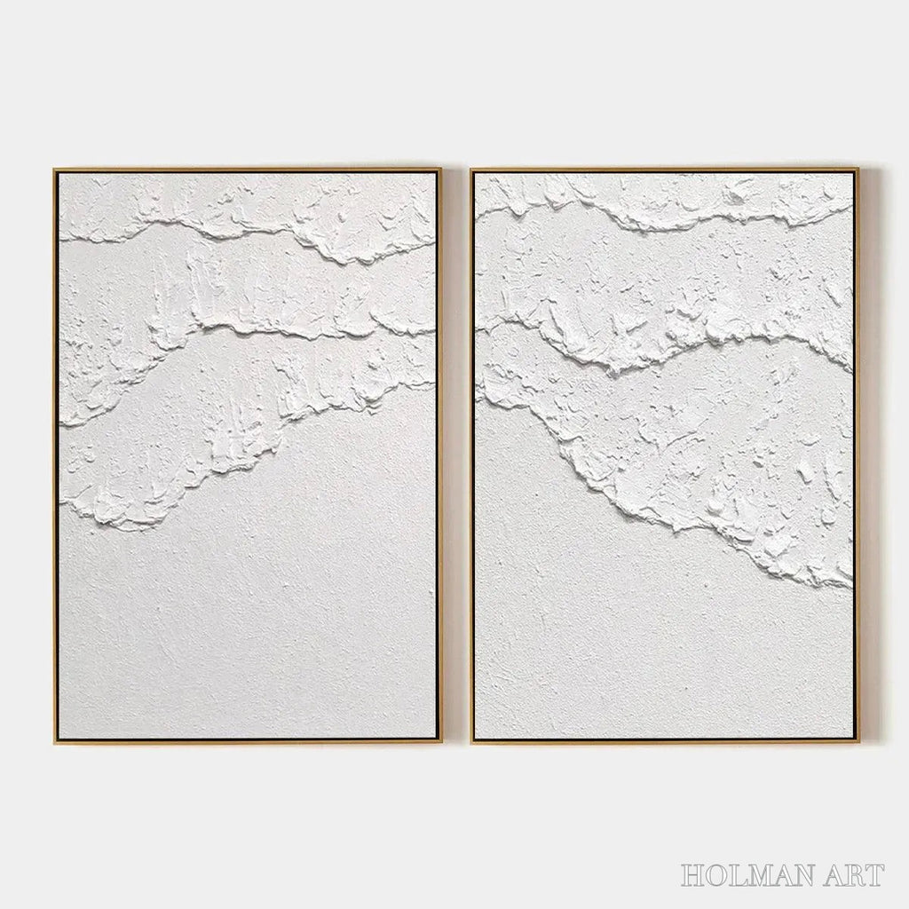 HOLMAN ART White Textured Waves Diptych – Textured Abstract Painting Set of 2, Vertical - image 1