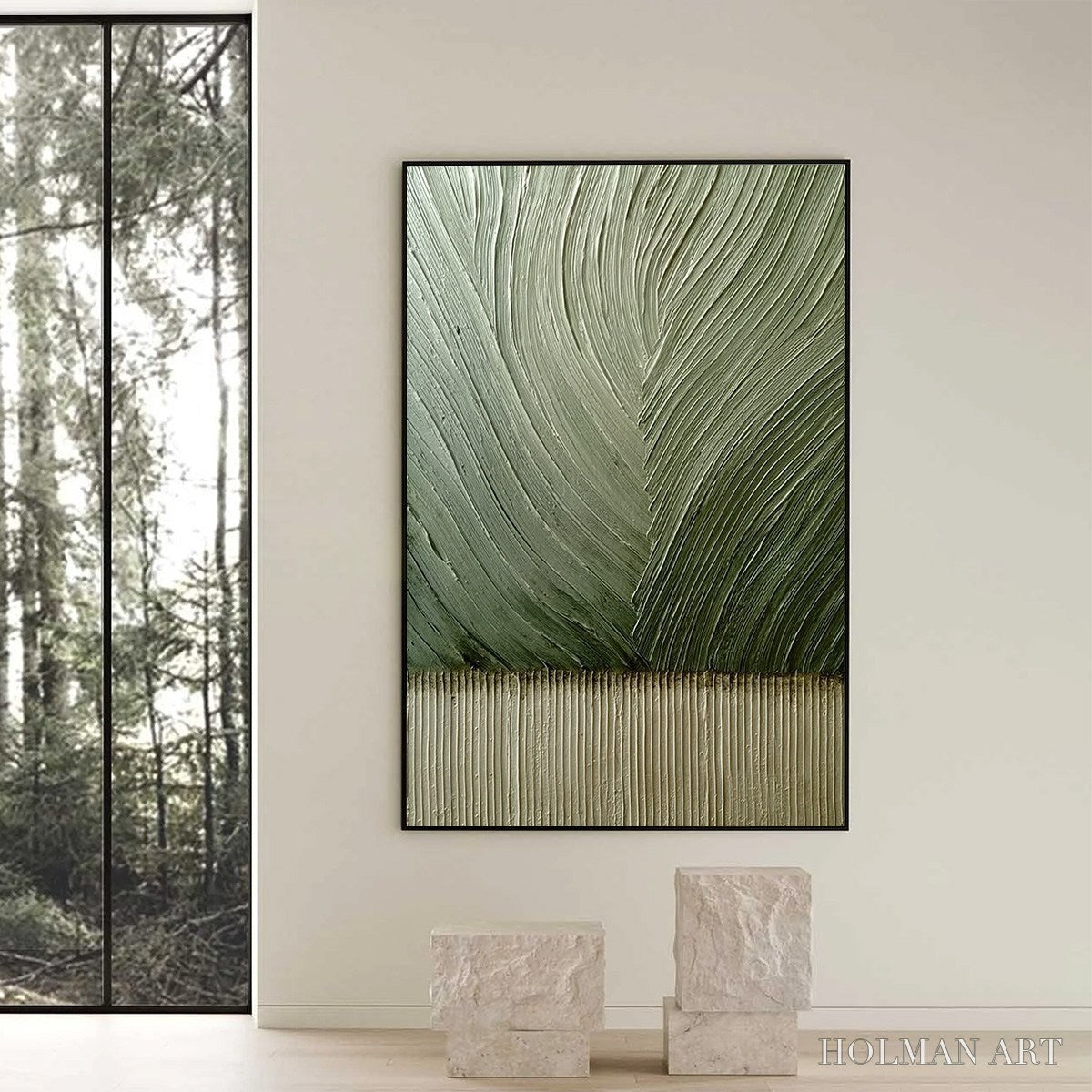 HOLMAN ART Earthen Weave – Textured Green and Beige Wabi Sabi Abstract Painting - image 6