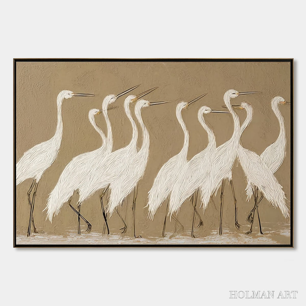 HOLMAN ART Coastal Congregation – Textured Wabi Sabi Egret Painting on Neutral Canvas - image 1