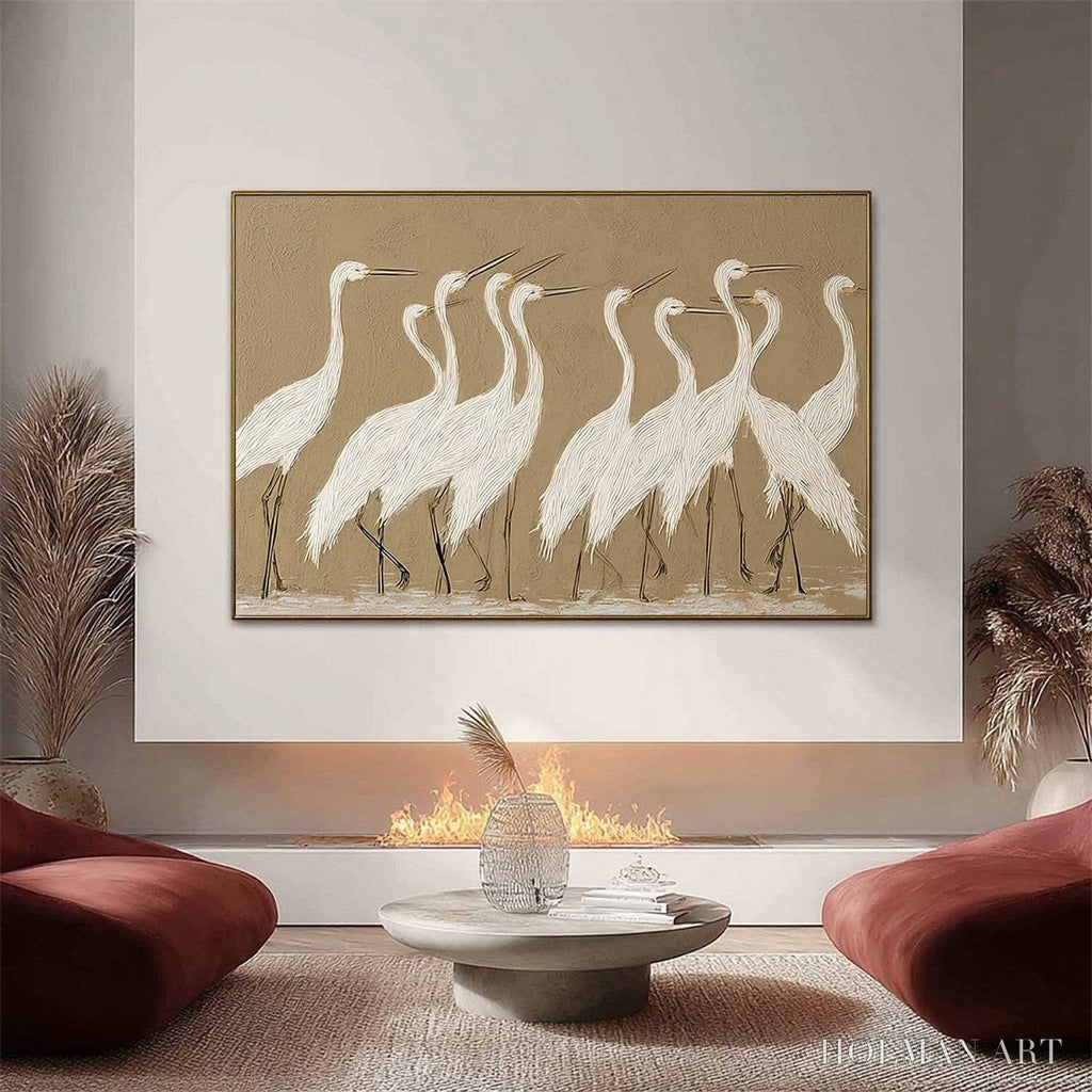 HOLMAN ART Coastal Congregation – Textured Wabi Sabi Egret Painting on Neutral Canvas - image 2