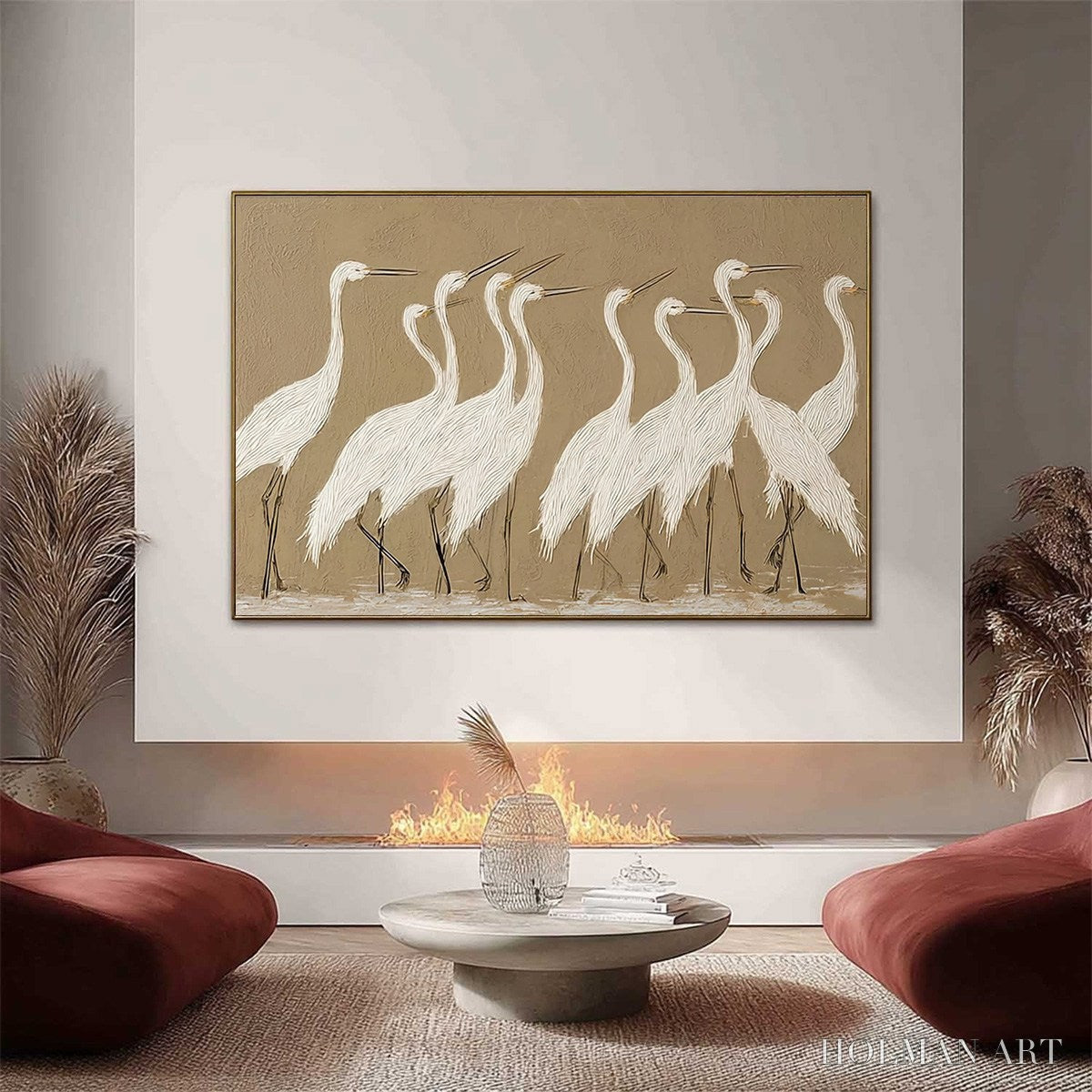 HOLMAN ART Coastal Congregation – Textured Wabi Sabi Egret Painting on Neutral Canvas - image 2