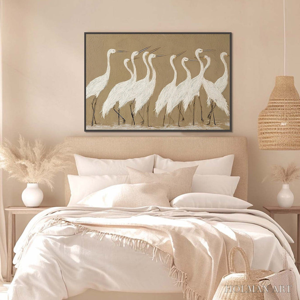 HOLMAN ART Coastal Congregation – Textured Wabi Sabi Egret Painting on Neutral Canvas - image 4