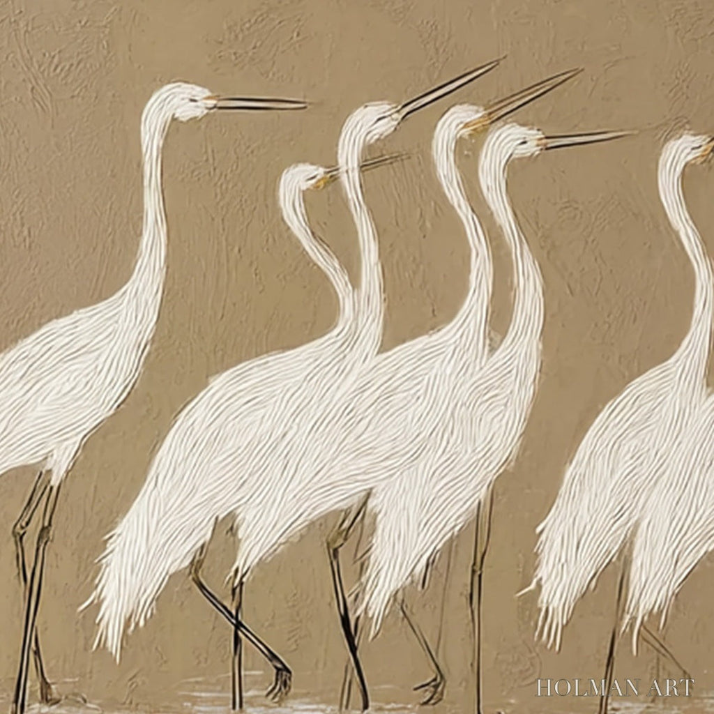 HOLMAN ART Coastal Congregation – Textured Wabi Sabi Egret Painting on Neutral Canvas - image 5