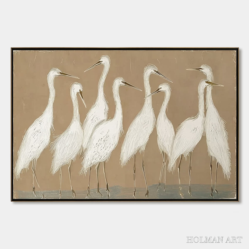 HOLMAN ART the Gathering – Beige Wabi Sabi Egret Flock Oil Painting on Canvas - image 1
