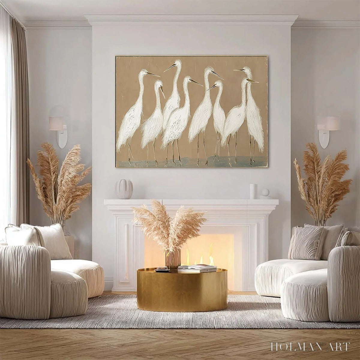 HOLMAN ART the Gathering – Beige Wabi Sabi Egret Flock Oil Painting on Canvas - image 2