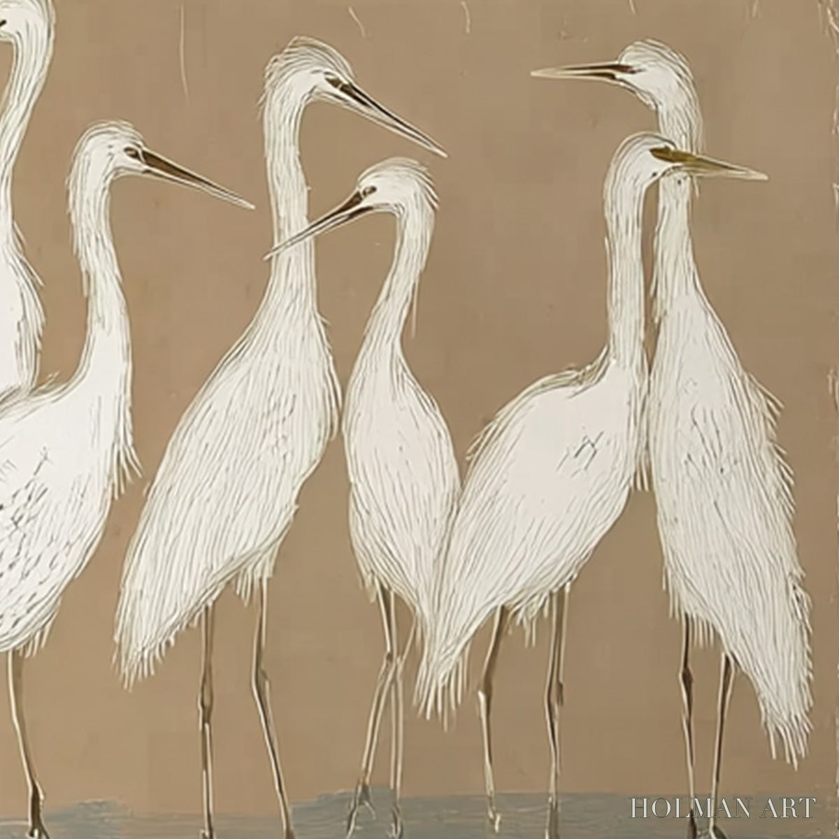 HOLMAN ART the Gathering – Beige Wabi Sabi Egret Flock Oil Painting on Canvas - image 3