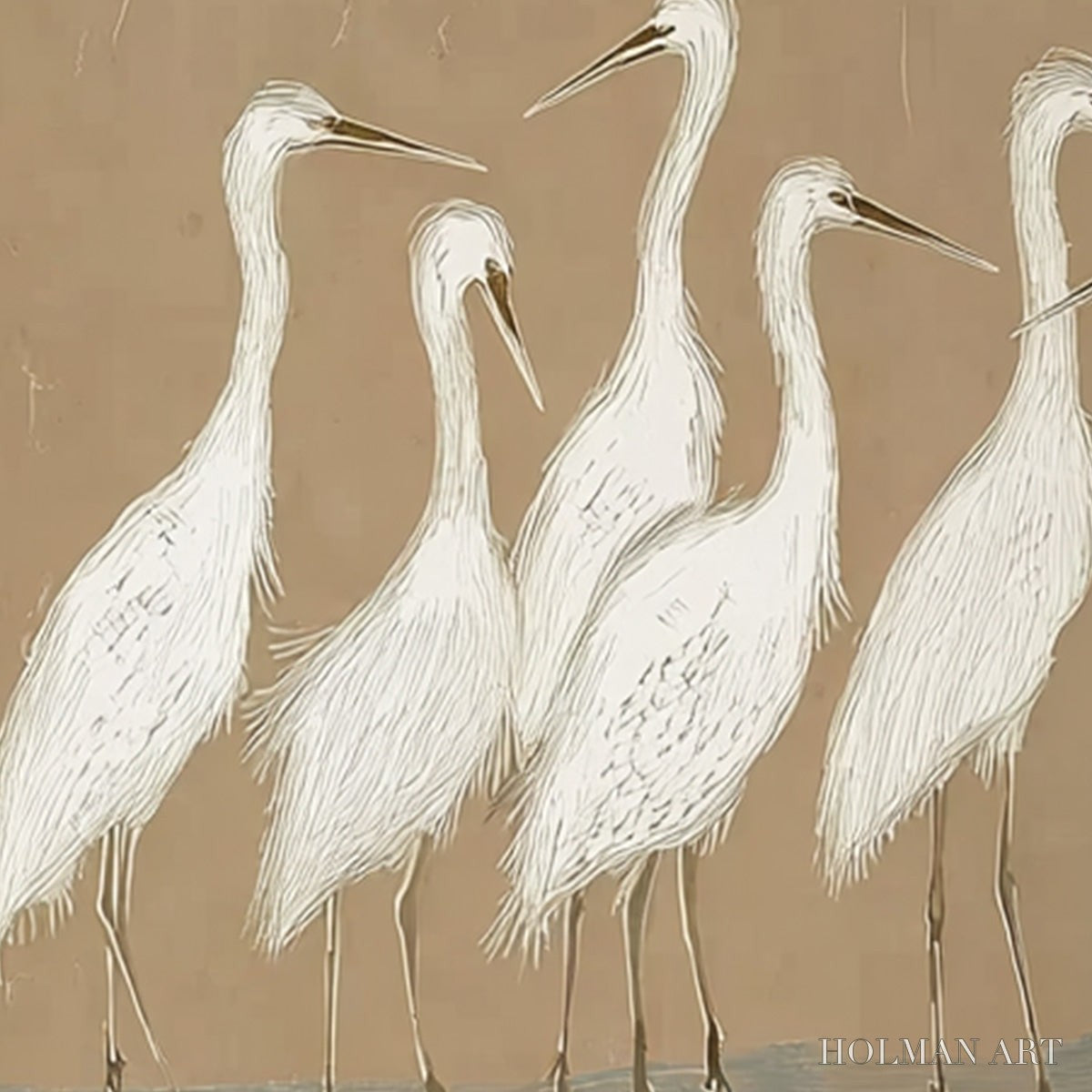 HOLMAN ART the Gathering – Beige Wabi Sabi Egret Flock Oil Painting on Canvas - image 5