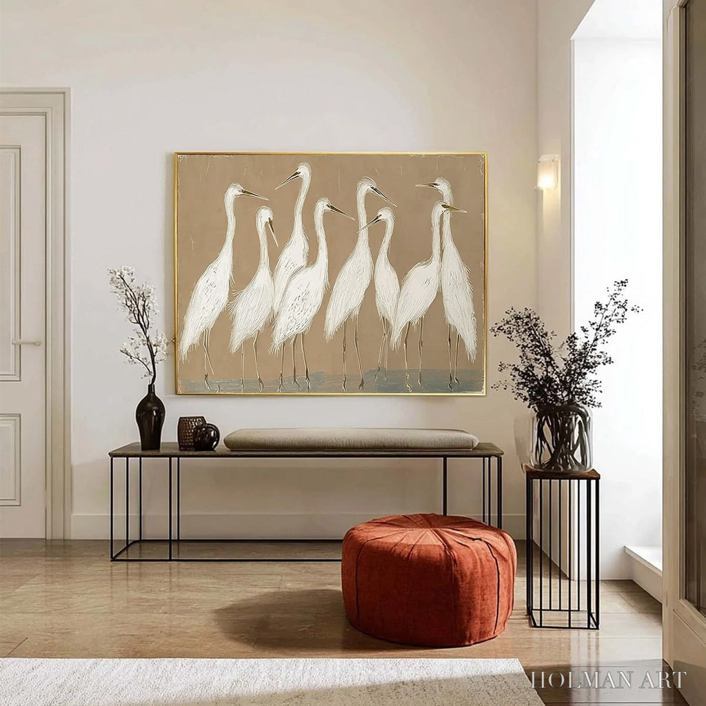 HOLMAN ART the Gathering – Beige Wabi Sabi Egret Flock Oil Painting on Canvas - image 6