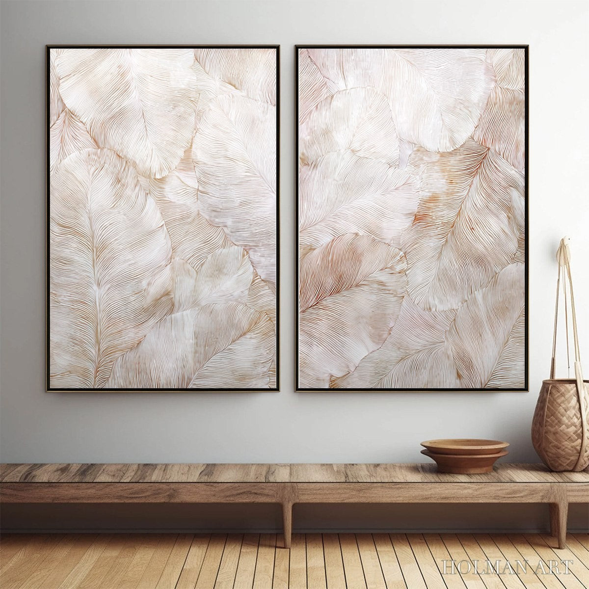 HOLMAN ART Whispering Plumes – Textured Wabi Sabi Feather Painting Diptych - image 2