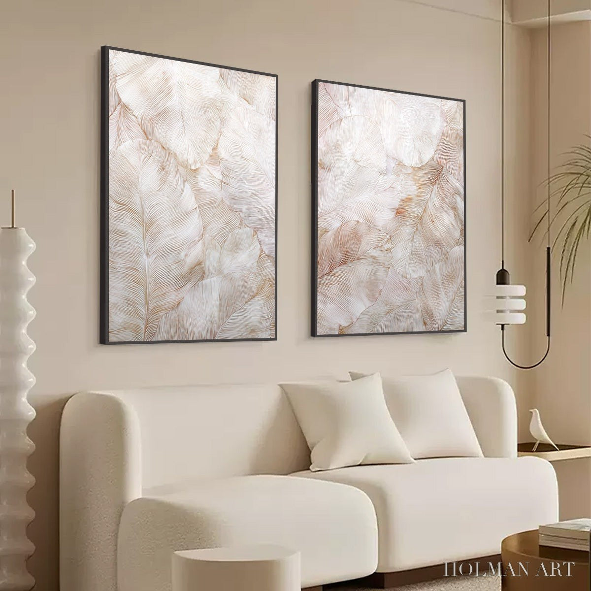 HOLMAN ART Whispering Plumes – Textured Wabi Sabi Feather Painting Diptych - image 5