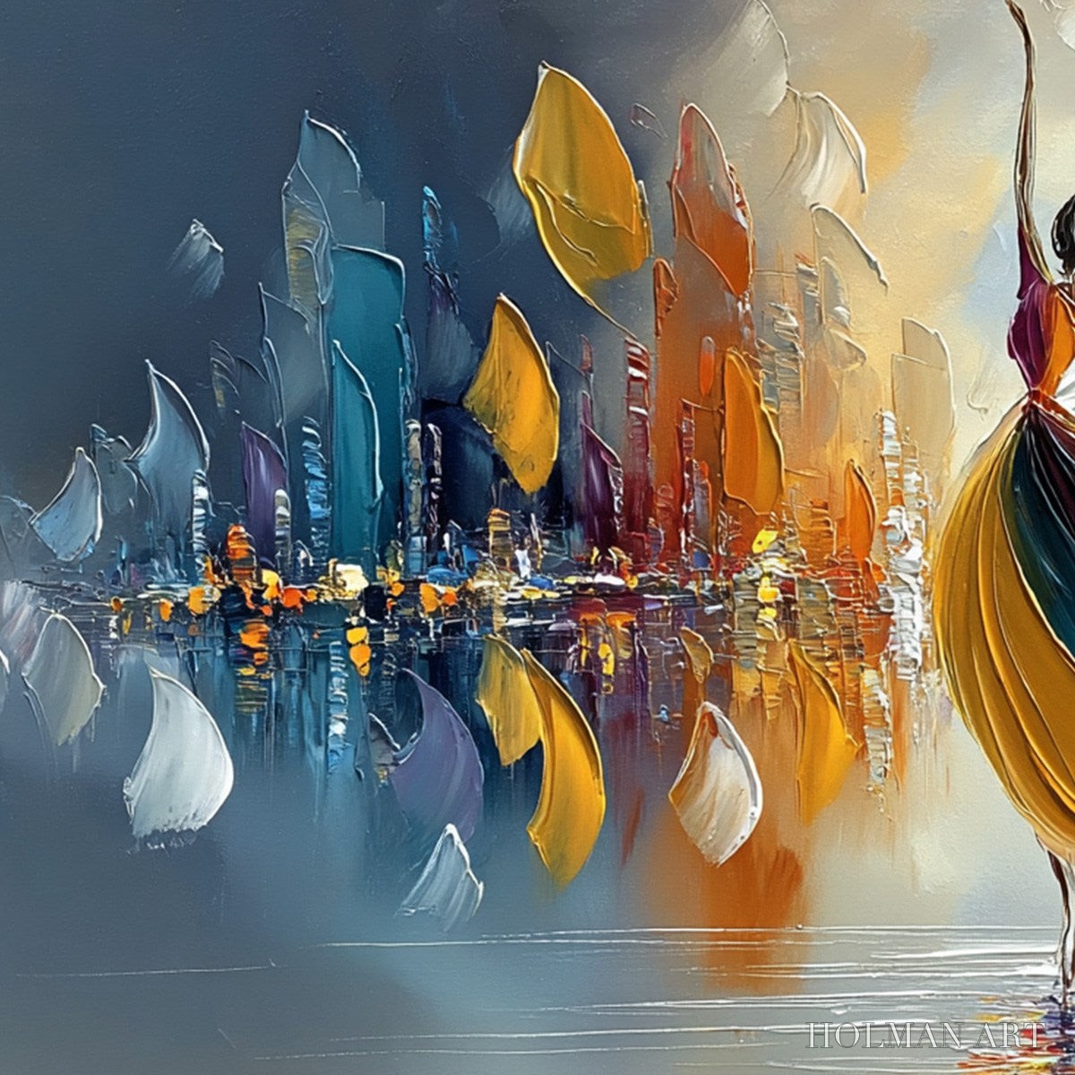 HOLMAN ART Urban Rhapsody – Textured Palette Knife Painting of a Dancer in a Cityscape - image 3