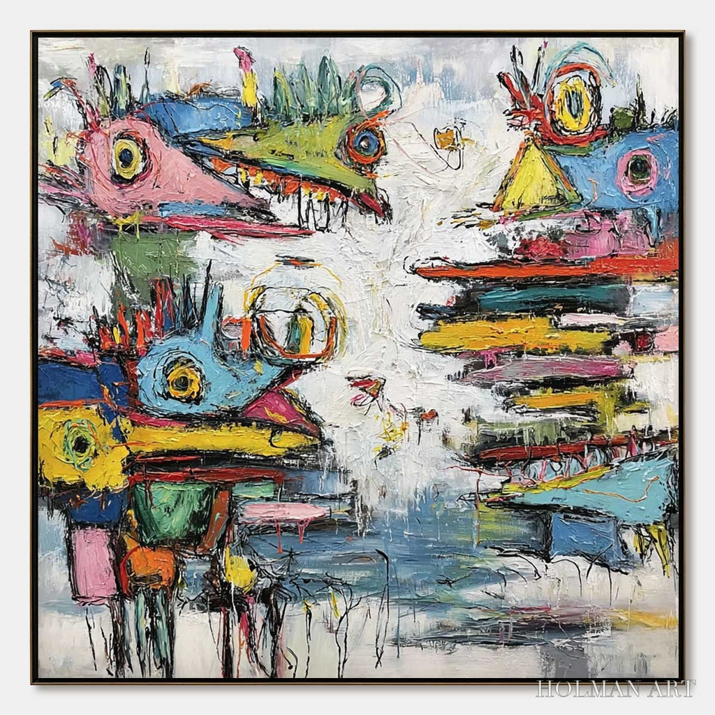 HOLMAN ART Creature Carnival – Colorful Abstract Impasto Painting with Whimsical Figures - image 1