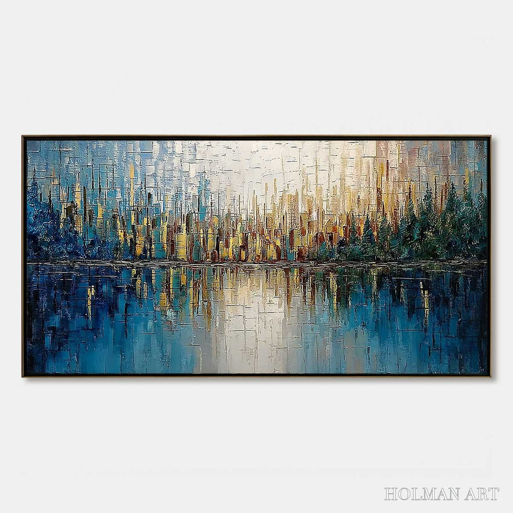 HOLMAN ART Golden Horizon – Textured Abstract Cityscape Reflection Oil Painting - image 1