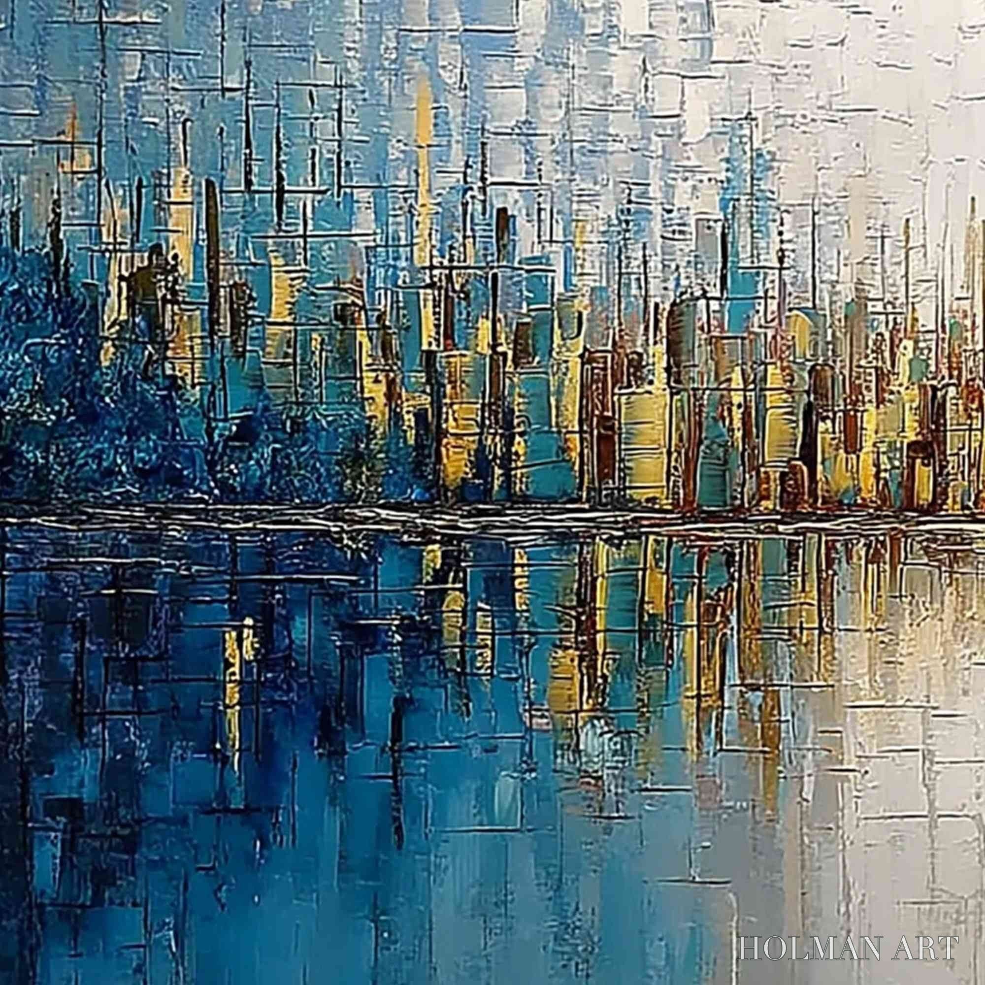HOLMAN ART Golden Horizon – Textured Abstract Cityscape Reflection Oil Painting - image 3