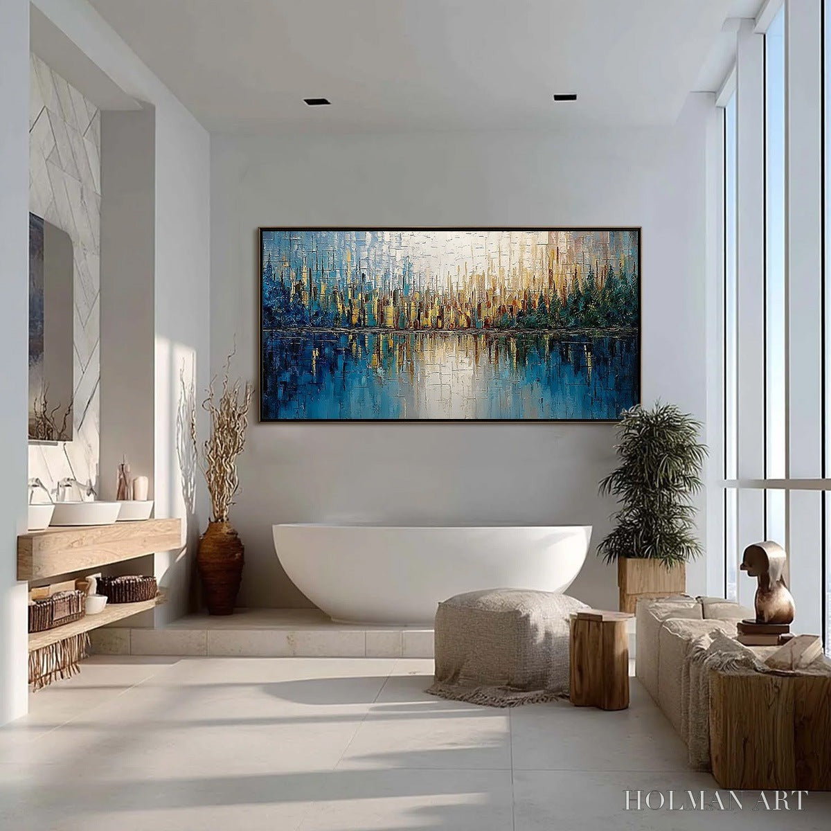 HOLMAN ART Golden Horizon – Textured Abstract Cityscape Reflection Oil Painting - image 4